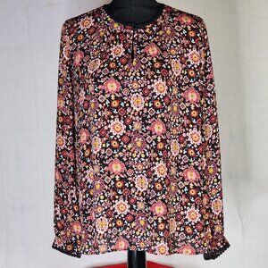 Loft Red Black Multi Color LS Geo Floral Pom Trim Keyhole Front Poly Blouse Sz M